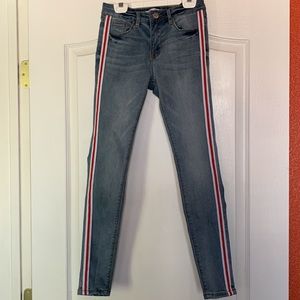 Size 1 Blue Denim Jeans with White & Red Stripes on the Sides